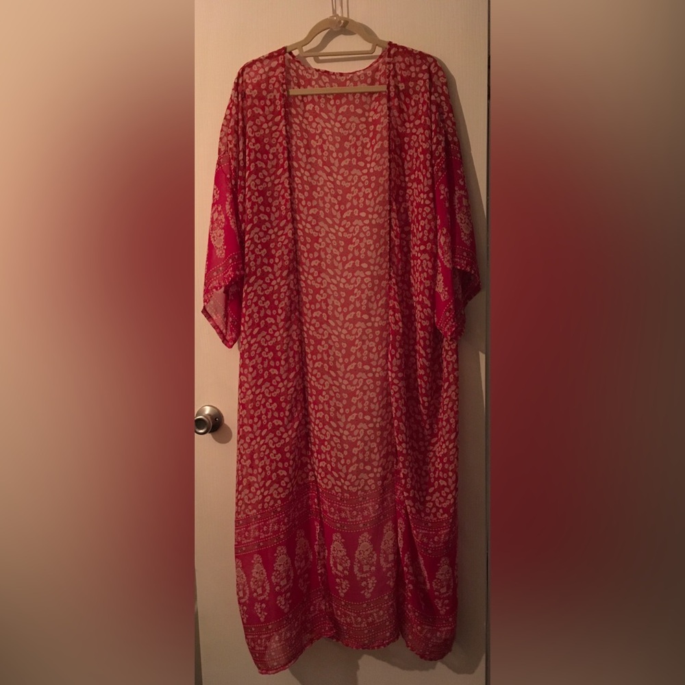 Red & Tan Printed Boho Kimono Duster Fits One Size Up to XXL